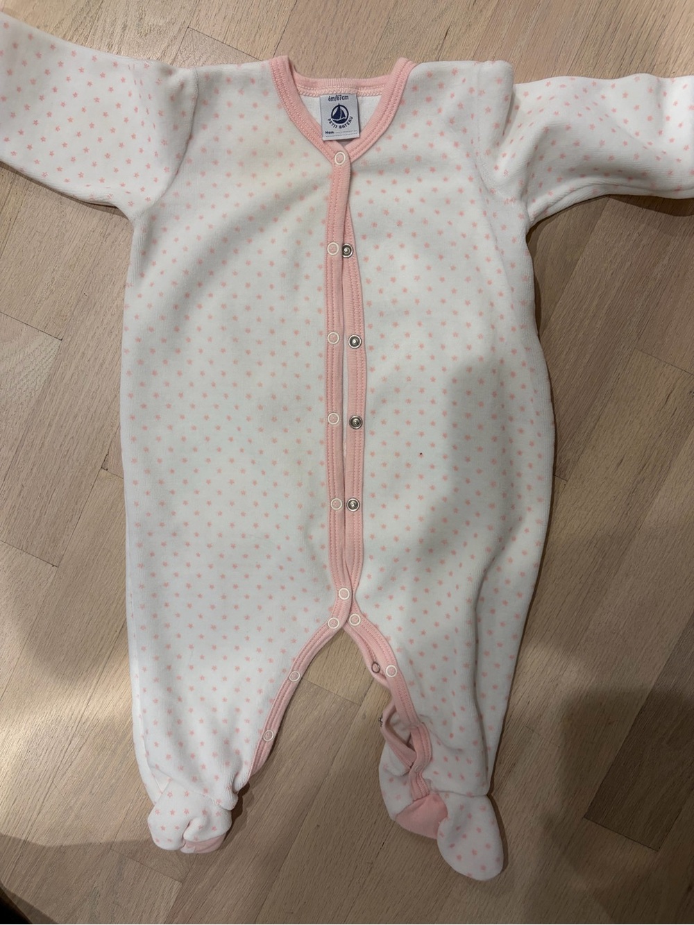 Petit Bateau White Footed One-Piece with Pink Trim and Tiny Pink Star Print